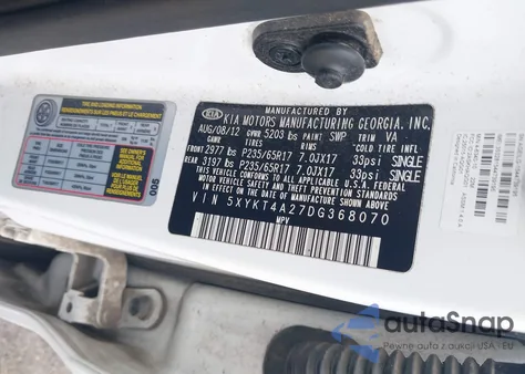 2013 Kia Sorento Lx V6 z USA, uszkodzony, nr VIN 5XYKT4A27DG368070